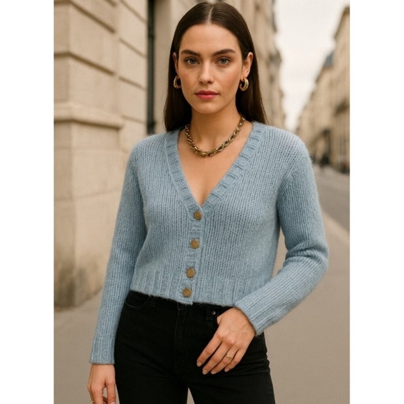 Merge Blue Ribbed Knit Button Front Cardigan Women’s V-Neck Long Sleeve Sweater - Picture 9 of 10